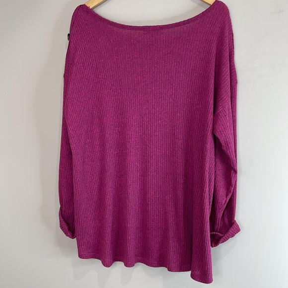 My Style Grape Purple BoatNeck Top Ribbed Button Shoulder Tab Sleeves Plus 2X - Picture 10 of 12